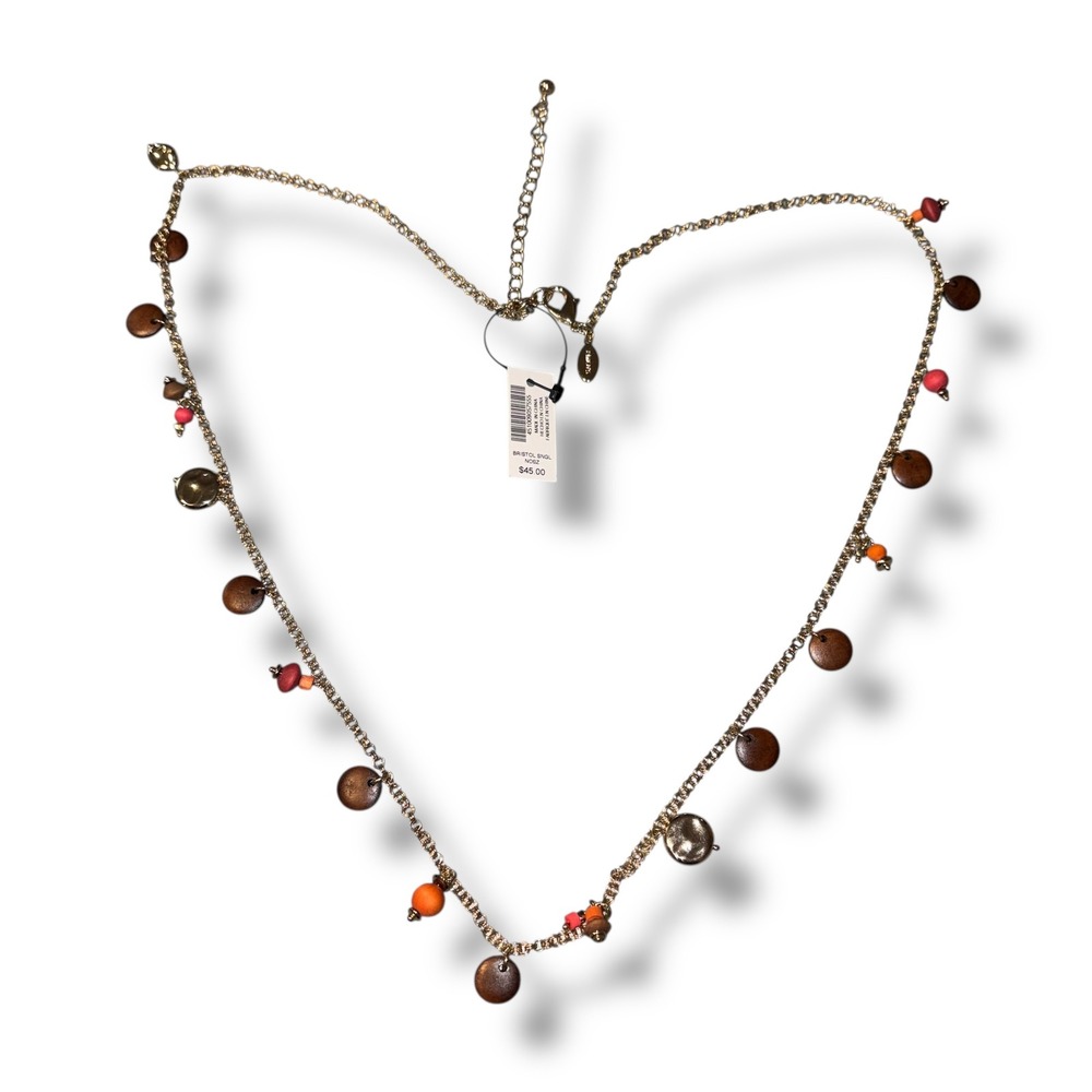 Chico's Gold Tone Chain Necklace with‎ Wood and Gemstone Beads NEW